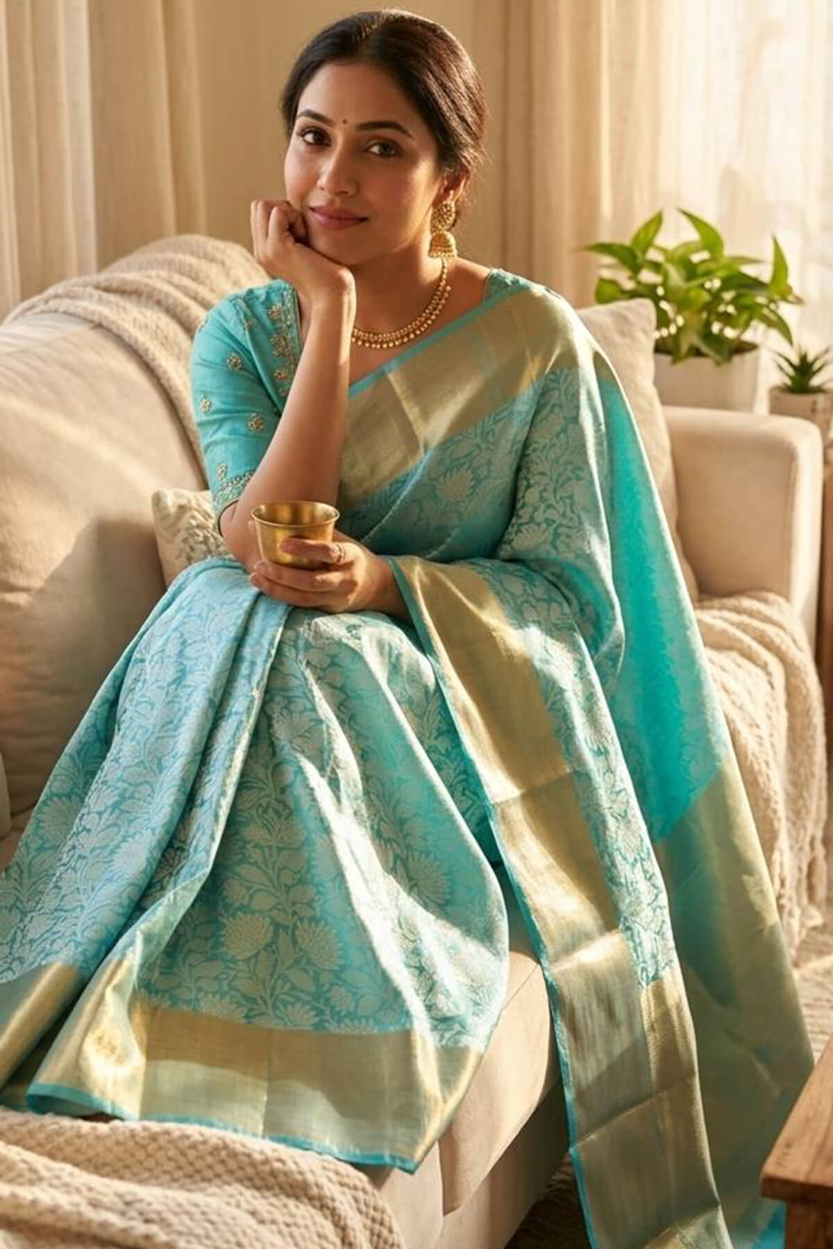 Sophisticated Firozi Kanjivaram Tissue Silk Saree With Scintillating Blouse Piece