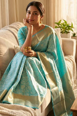 Sophisticated Firozi Kanjivaram Tissue Silk Saree With Scintillating Blouse Piece