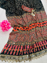 Ravishing Black Ajrakh Printed Mirror Work Satin Silk Saree With Incomparable Blouse Piece