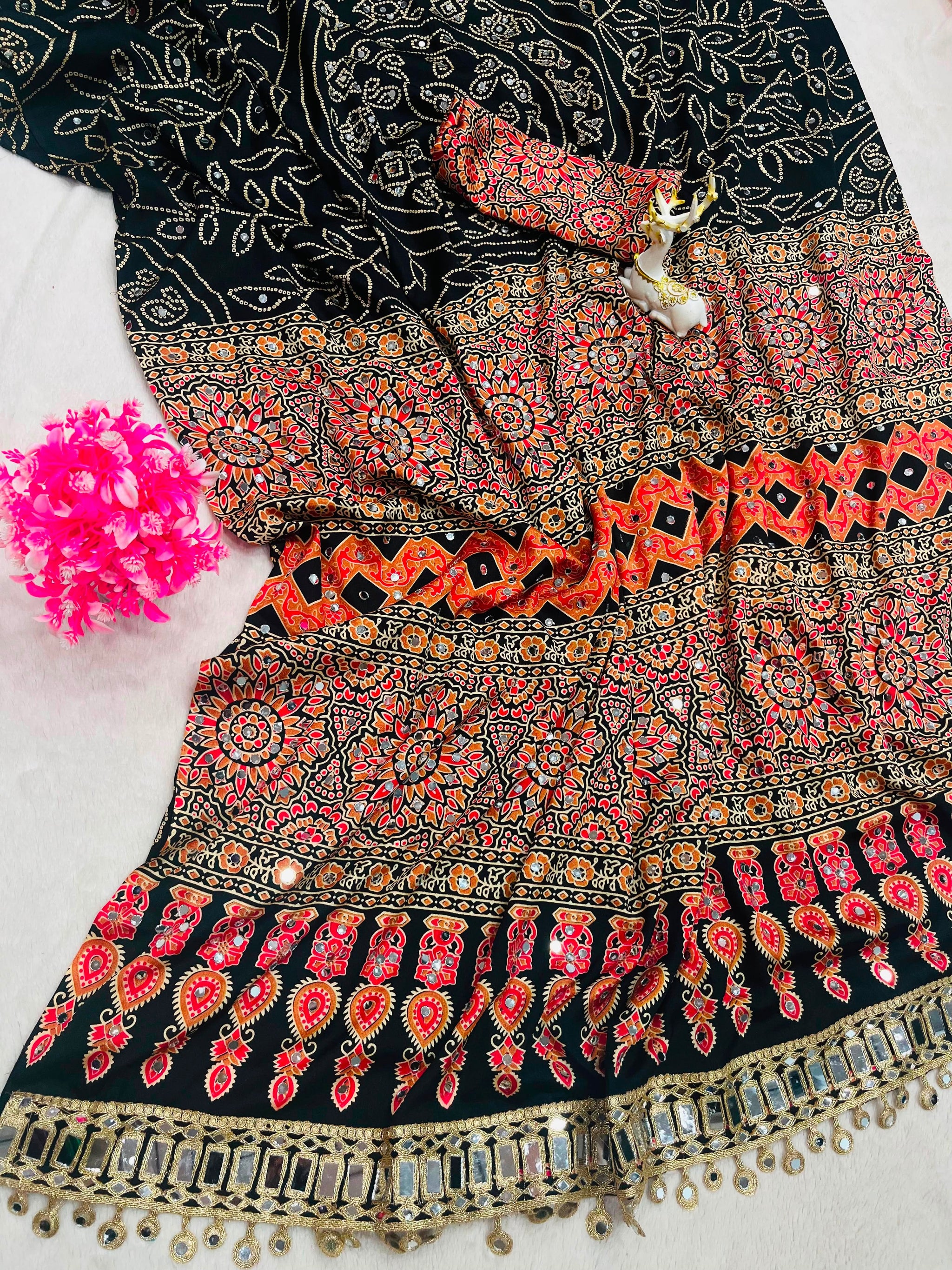 Ravishing Black Ajrakh Printed Mirror Work Satin Silk Saree With Incomparable Blouse Piece