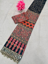 Ravishing Black Ajrakh Printed Mirror Work Satin Silk Saree With Incomparable Blouse Piece