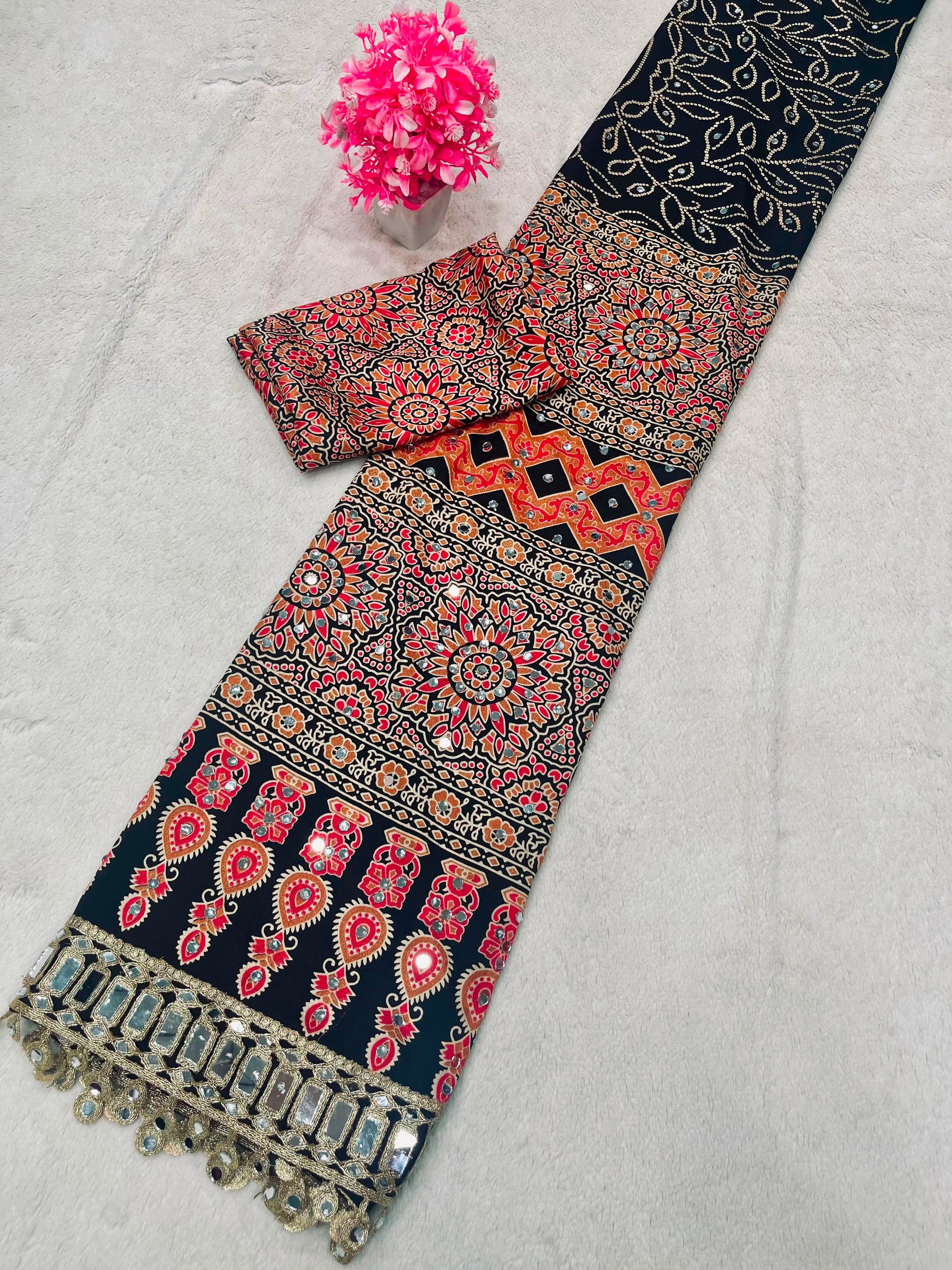Ravishing Black Ajrakh Printed Mirror Work Satin Silk Saree With Incomparable Blouse Piece