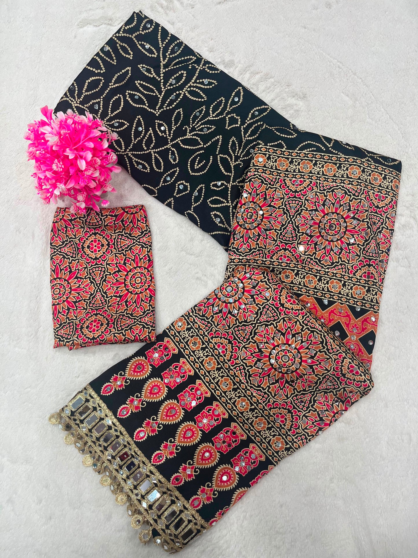 Ravishing Black Ajrakh Printed Mirror Work Satin Silk Saree With Incomparable Blouse Piece
