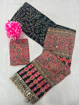 Ravishing Black Ajrakh Printed Mirror Work Satin Silk Saree With Incomparable Blouse Piece
