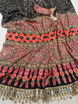 Ravishing Black Ajrakh Printed Mirror Work Satin Silk Saree With Incomparable Blouse Piece
