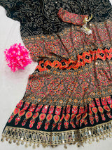 Ravishing Black Ajrakh Printed Mirror Work Satin Silk Saree With Incomparable Blouse Piece