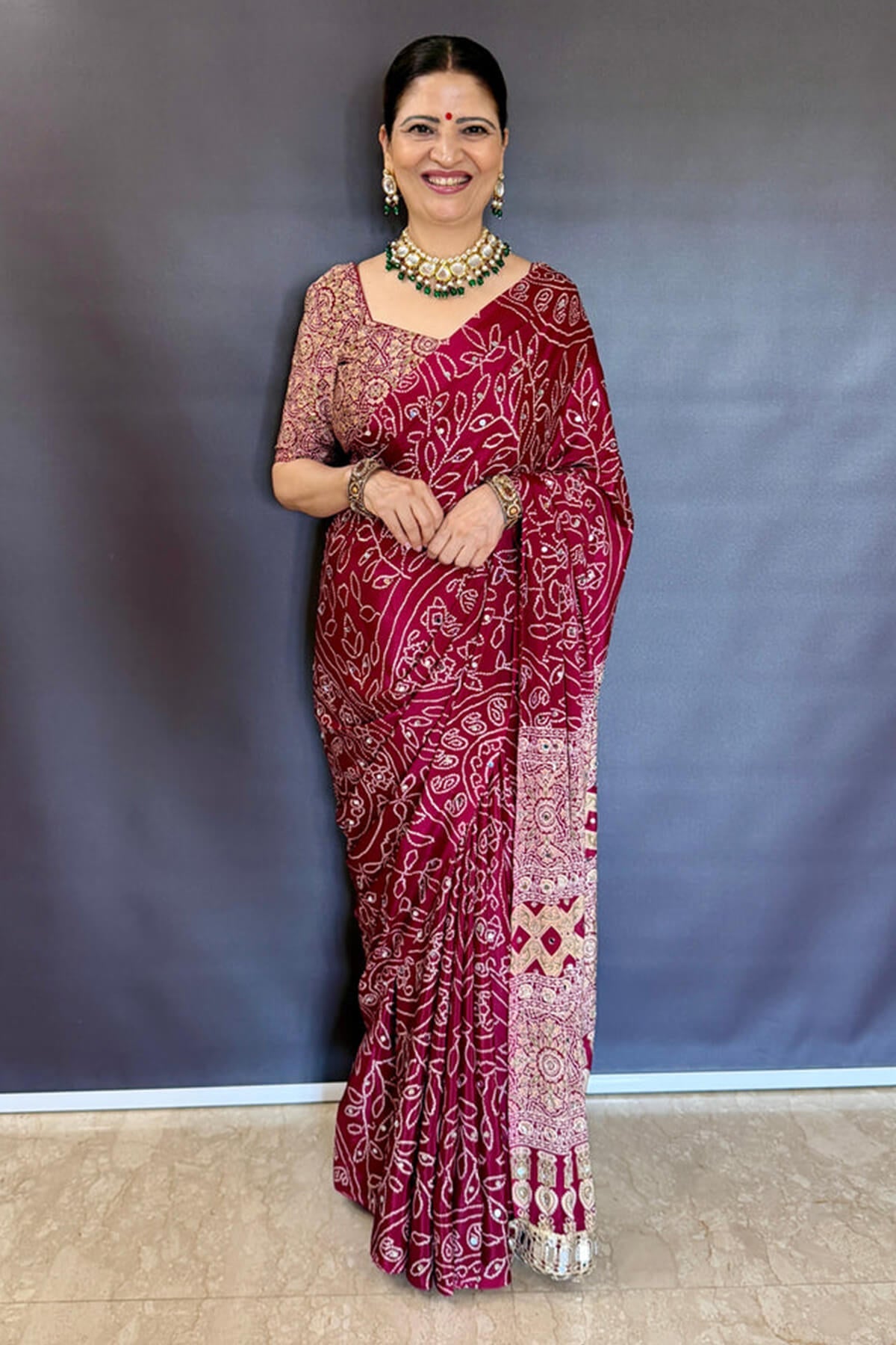 Ephemeral Wine Ajrakh Printed Mirror Work Satin Silk Saree With Piquant Blouse Piece