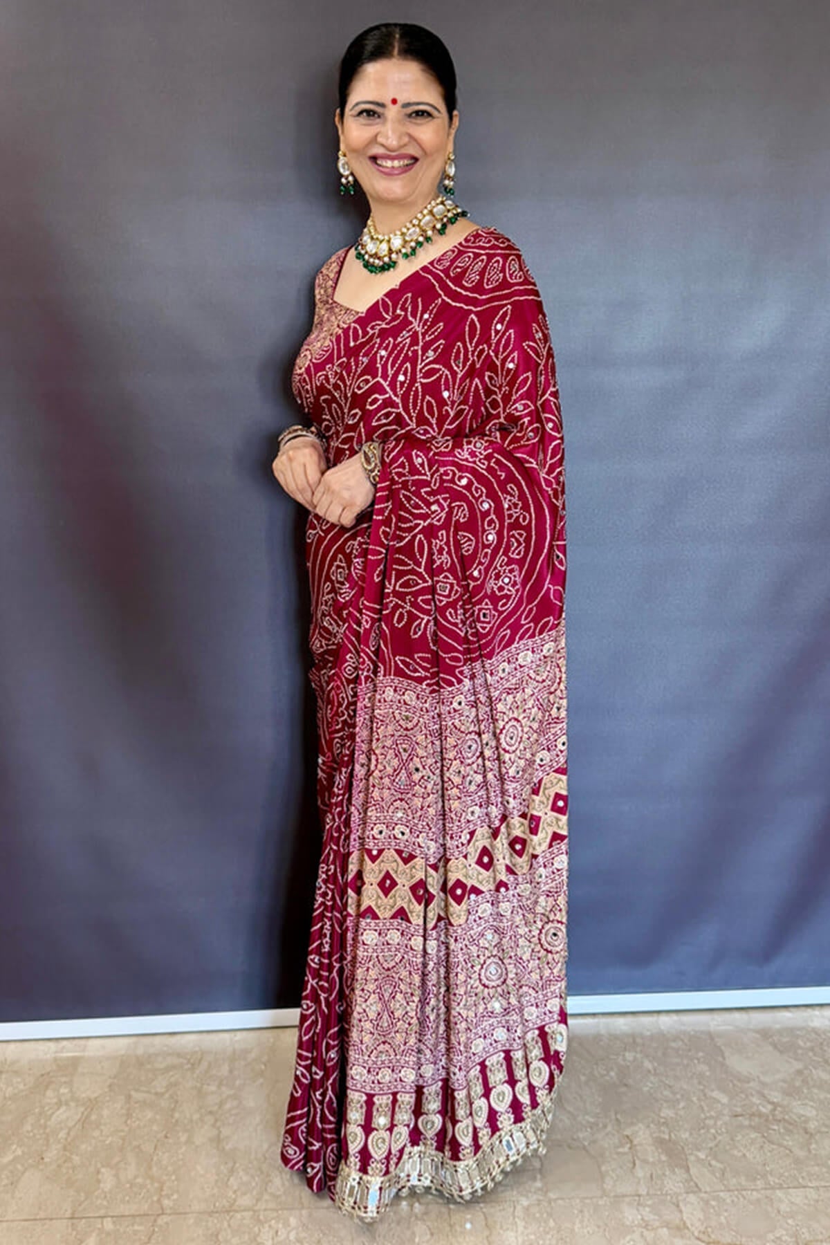 Ephemeral Wine Ajrakh Printed Mirror Work Satin Silk Saree With Piquant Blouse Piece
