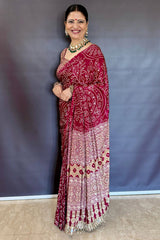 Ephemeral Wine Ajrakh Printed Mirror Work Satin Silk Saree With Piquant Blouse Piece