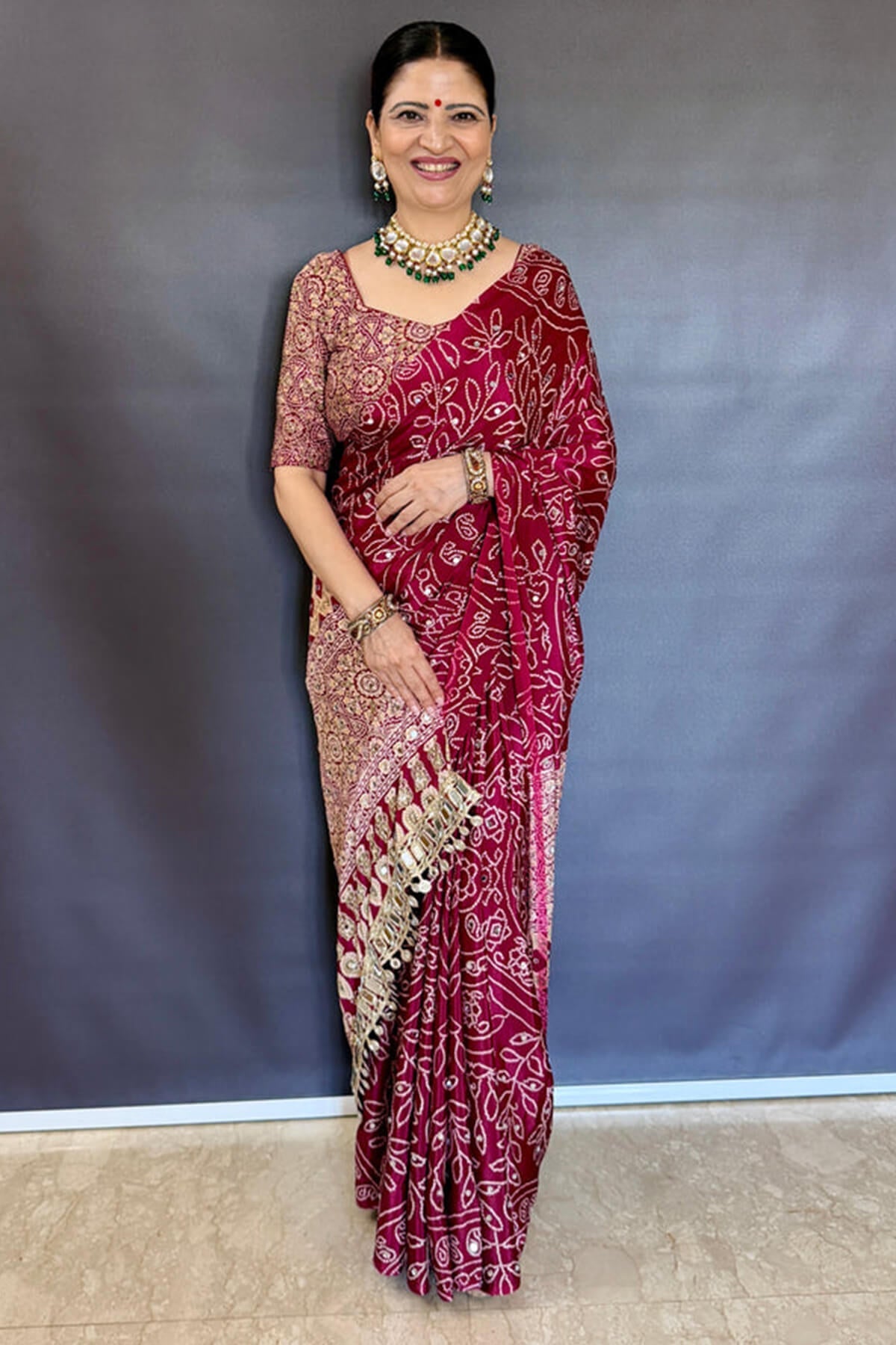 Ephemeral Wine Ajrakh Printed Mirror Work Satin Silk Saree With Piquant Blouse Piece