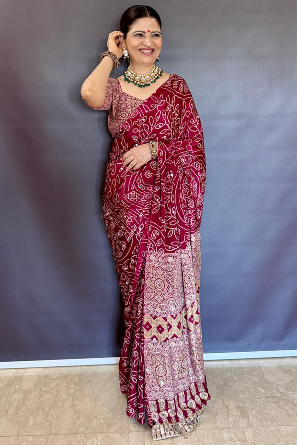 Ephemeral Wine Ajrakh Printed Mirror Work Satin Silk Saree With Piquant Blouse Piece