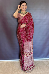 Ephemeral Wine Ajrakh Printed Mirror Work Satin Silk Saree With Piquant Blouse Piece