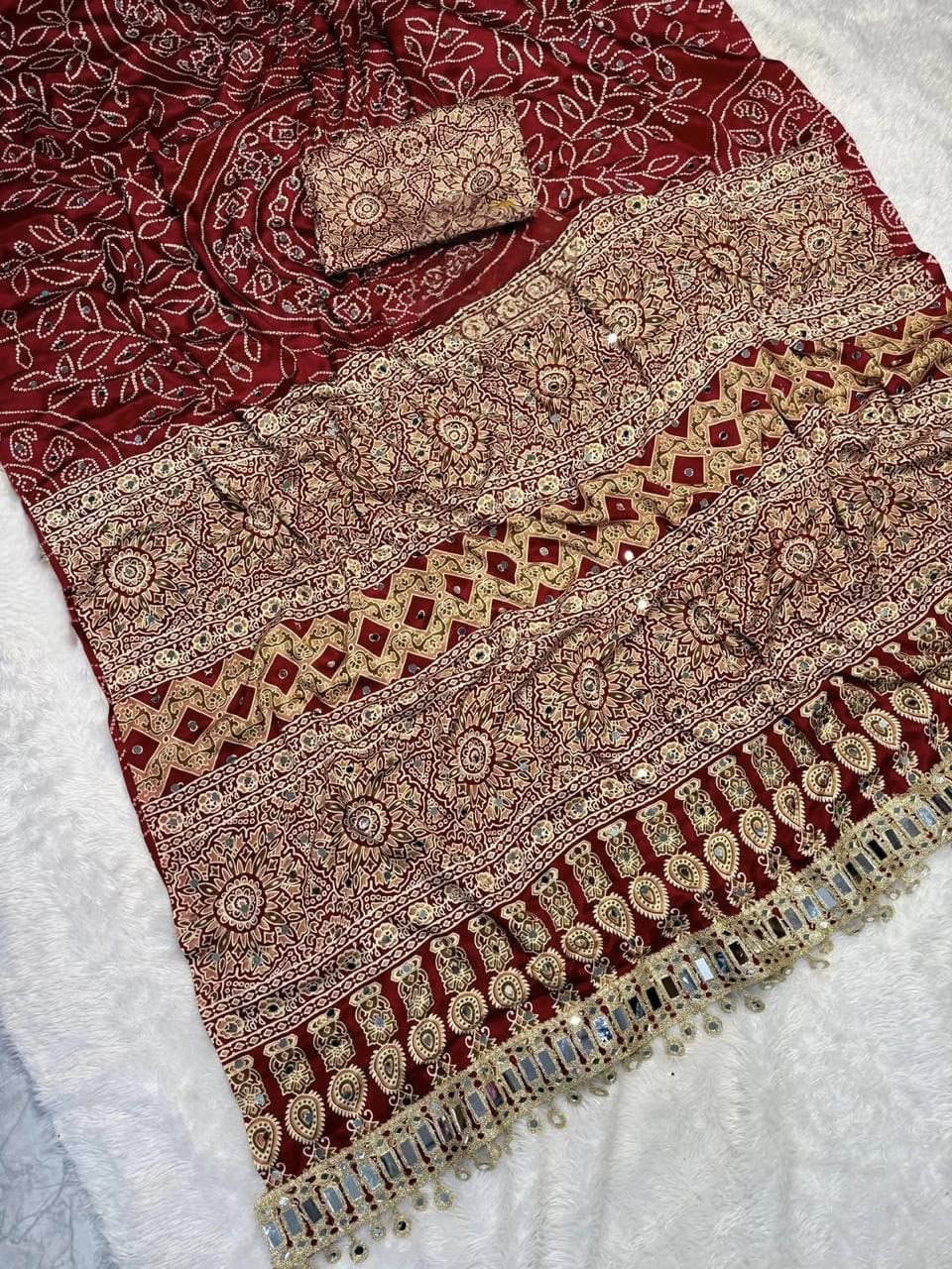 Ephemeral Wine Ajrakh Printed Mirror Work Satin Silk Saree With Piquant Blouse Piece