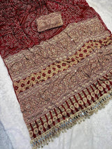 Ephemeral Wine Ajrakh Printed Mirror Work Satin Silk Saree With Piquant Blouse Piece