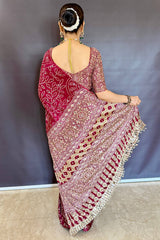 Ephemeral Wine Ajrakh Printed Mirror Work Satin Silk Saree With Piquant Blouse Piece