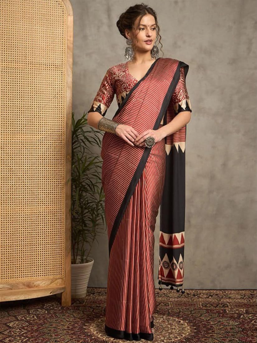 Majesty Pink Ajrakh Printed Satin Silk Saree With Enigmatic Blouse Piece