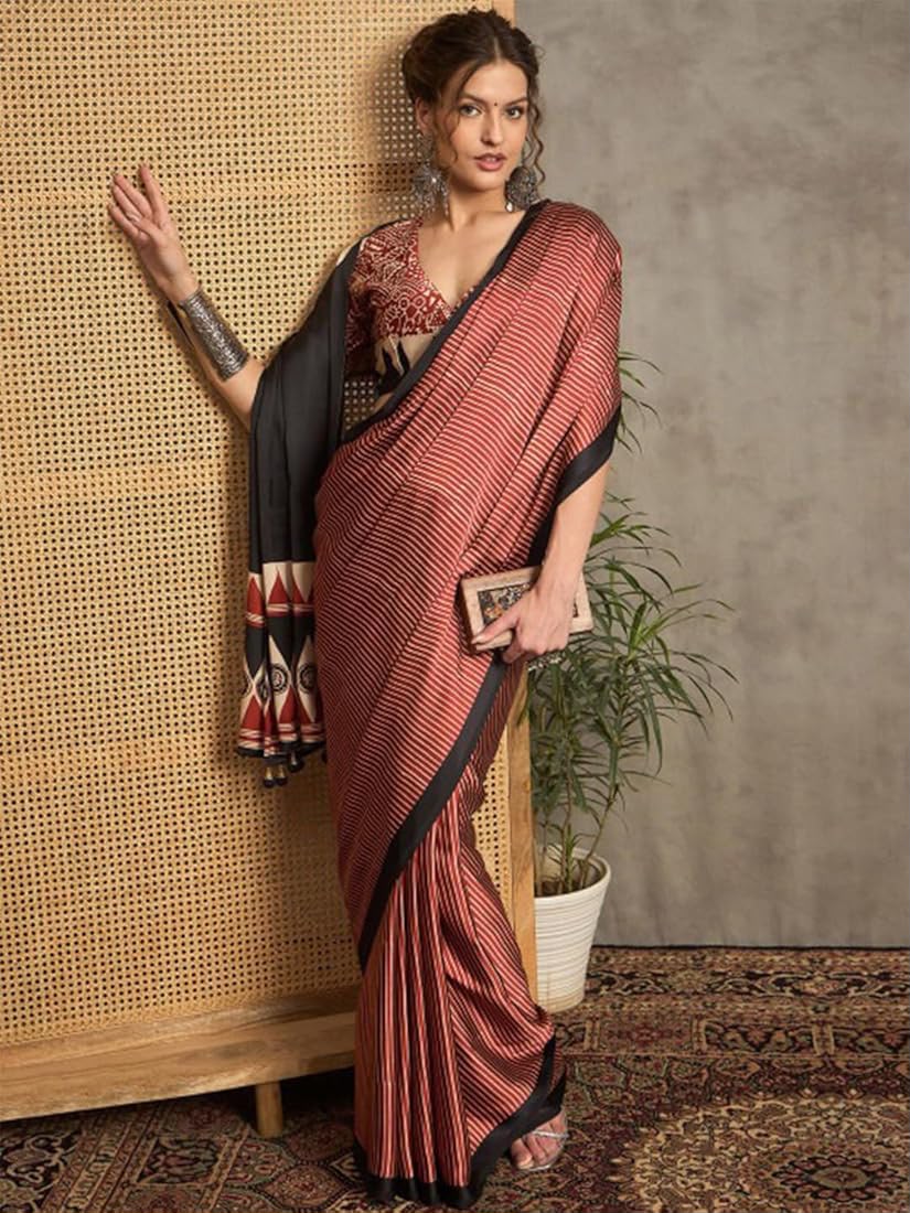 Majesty Pink Ajrakh Printed Satin Silk Saree With Enigmatic Blouse Piece