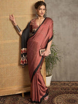 Majesty Pink Ajrakh Printed Satin Silk Saree With Enigmatic Blouse Piece