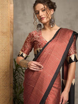 Majesty Pink Ajrakh Printed Satin Silk Saree With Enigmatic Blouse Piece