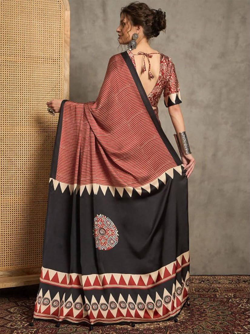 Majesty Pink Ajrakh Printed Satin Silk Saree With Enigmatic Blouse Piece