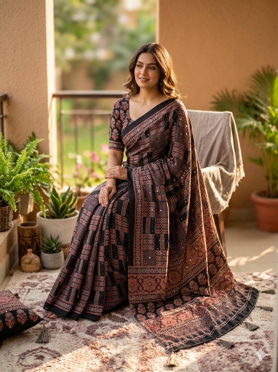 Lissome Black Ajrakh Printed Mirror Work Satin Silk Saree With Inspiring Blouse Piece