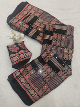 Lissome Black Ajrakh Printed Mirror Work Satin Silk Saree With Inspiring Blouse Piece