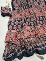 Lissome Black Ajrakh Printed Mirror Work Satin Silk Saree With Inspiring Blouse Piece
