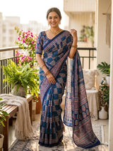 Profuse Blue Ajrakh Printed Mirror Work Satin Silk Saree With Exquisite Blouse Piece