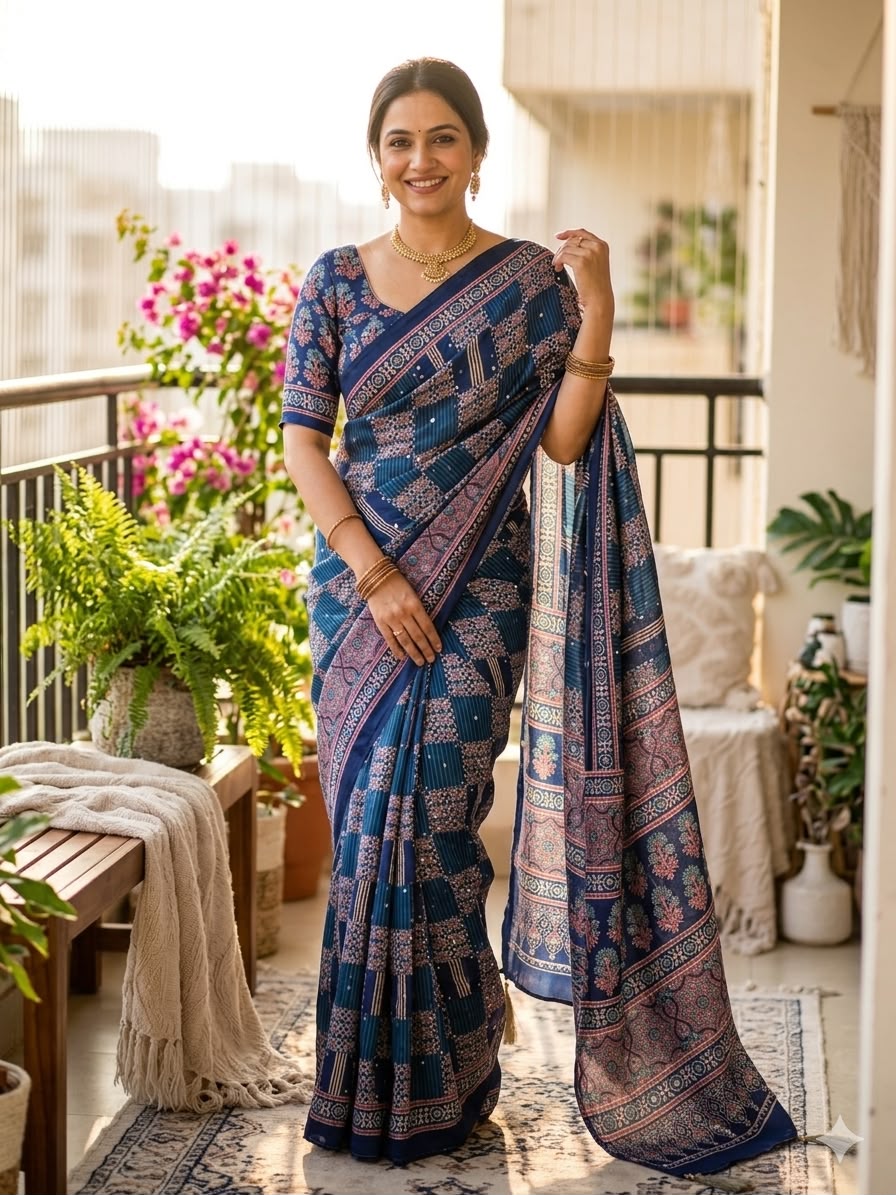 Profuse Blue Ajrakh Printed Mirror Work Satin Silk Saree With Exquisite Blouse Piece