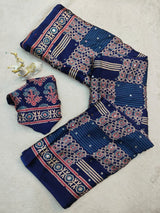 Profuse Blue Ajrakh Printed Mirror Work Satin Silk Saree With Exquisite Blouse Piece