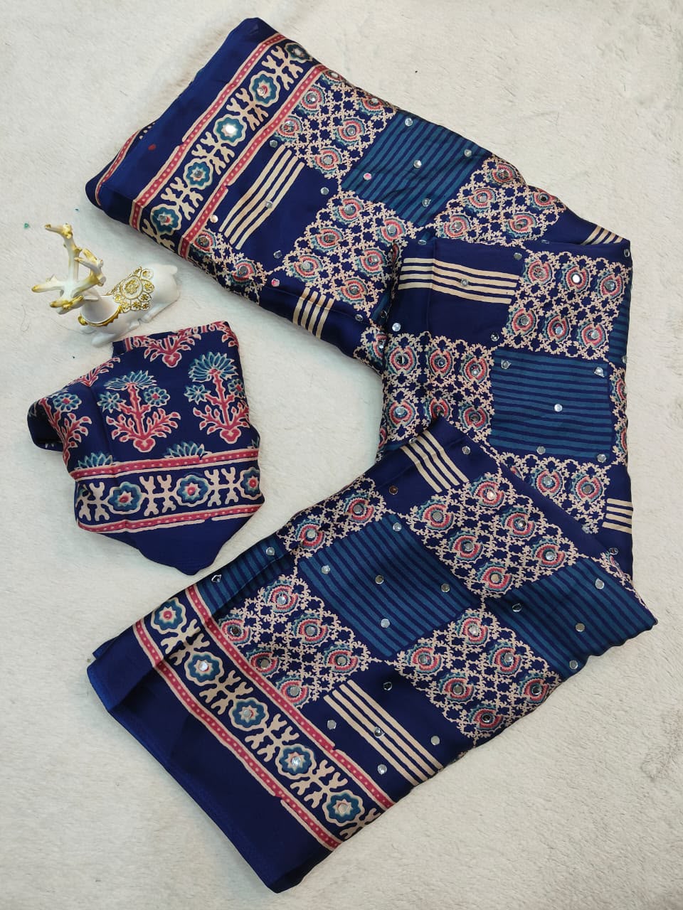 Profuse Blue Ajrakh Printed Mirror Work Satin Silk Saree With Exquisite Blouse Piece