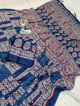 Profuse Blue Ajrakh Printed Mirror Work Satin Silk Saree With Exquisite Blouse Piece
