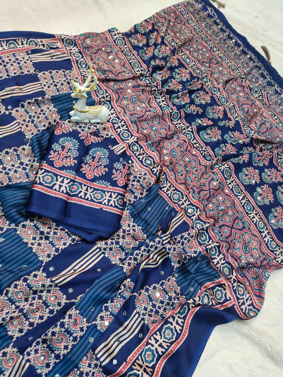 Profuse Blue Ajrakh Printed Mirror Work Satin Silk Saree With Exquisite Blouse Piece