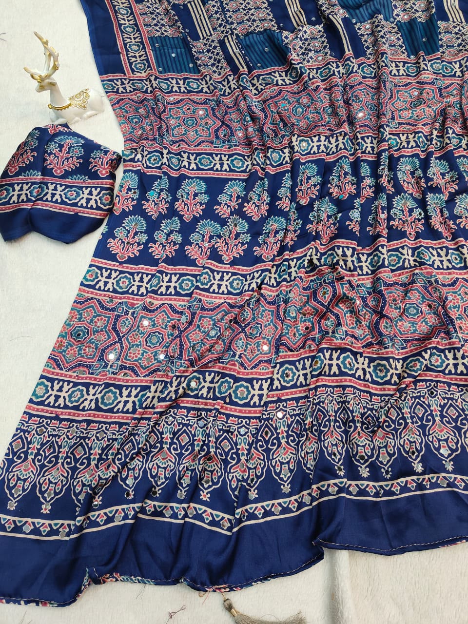 Profuse Blue Ajrakh Printed Mirror Work Satin Silk Saree With Exquisite Blouse Piece
