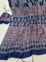 Profuse Blue Ajrakh Printed Mirror Work Satin Silk Saree With Exquisite Blouse Piece