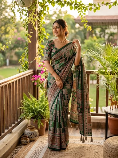 Brood Dark Green Ajrakh Printed Mirror Work Satin Silk Saree With Effulgent Blouse Piece