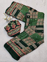 Brood Dark Green Ajrakh Printed Mirror Work Satin Silk Saree With Effulgent Blouse Piece