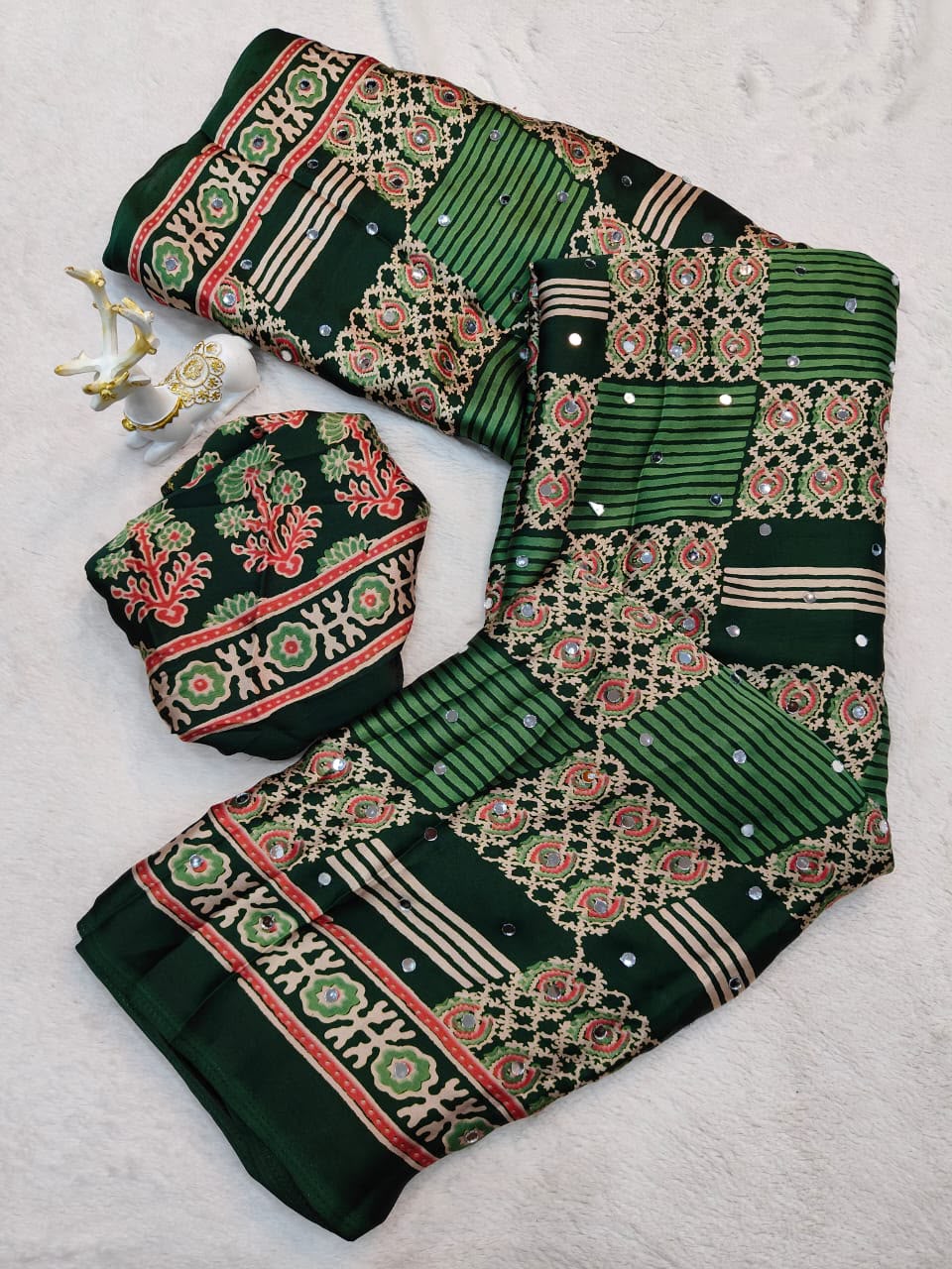Brood Dark Green Ajrakh Printed Mirror Work Satin Silk Saree With Effulgent Blouse Piece