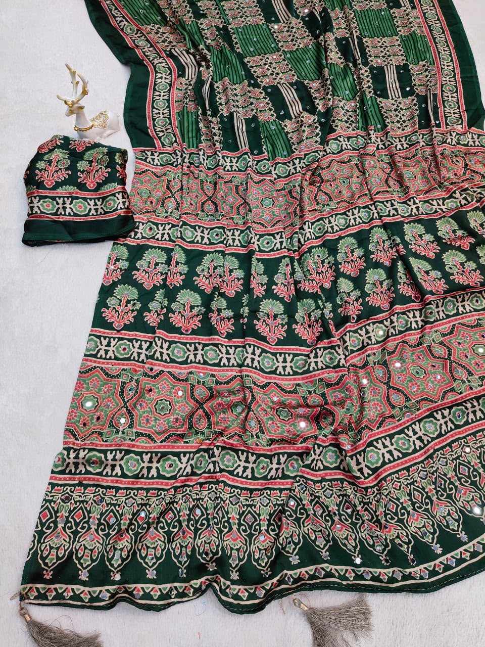 Brood Dark Green Ajrakh Printed Mirror Work Satin Silk Saree With Effulgent Blouse Piece