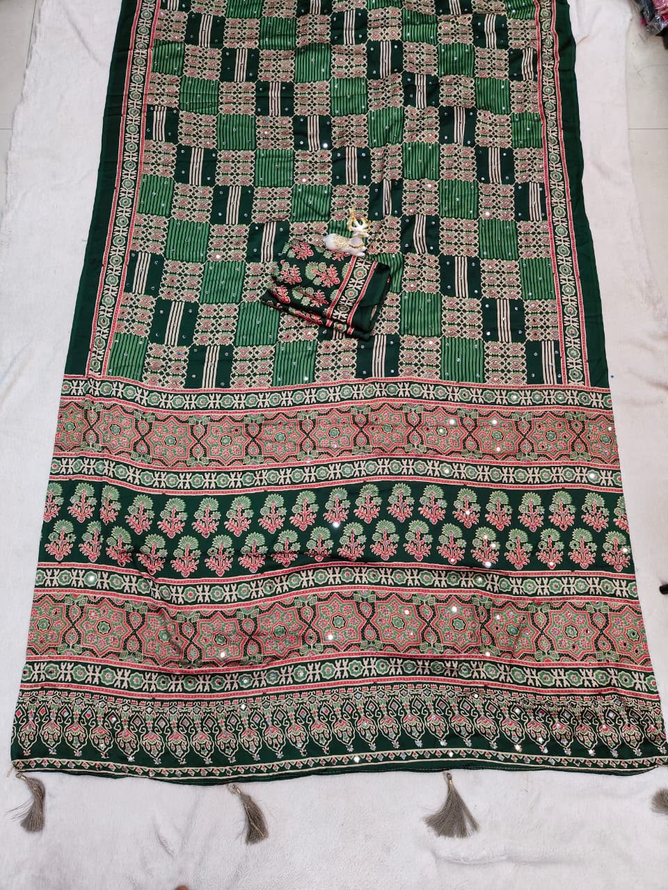Brood Dark Green Ajrakh Printed Mirror Work Satin Silk Saree With Effulgent Blouse Piece