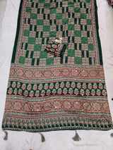 Brood Dark Green Ajrakh Printed Mirror Work Satin Silk Saree With Effulgent Blouse Piece