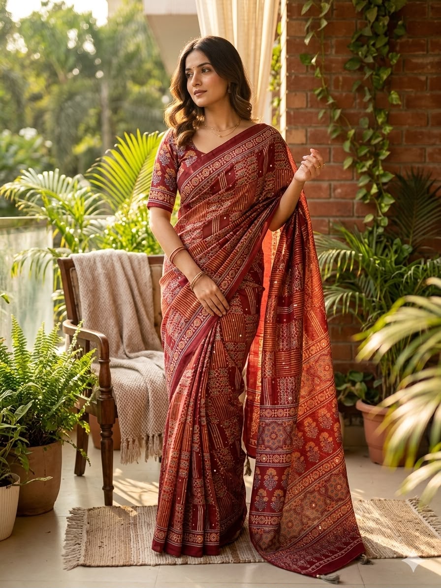 Majestic Maroon Ajrakh Printed Mirror Work Satin Silk Saree With Dazzling Blouse Piece