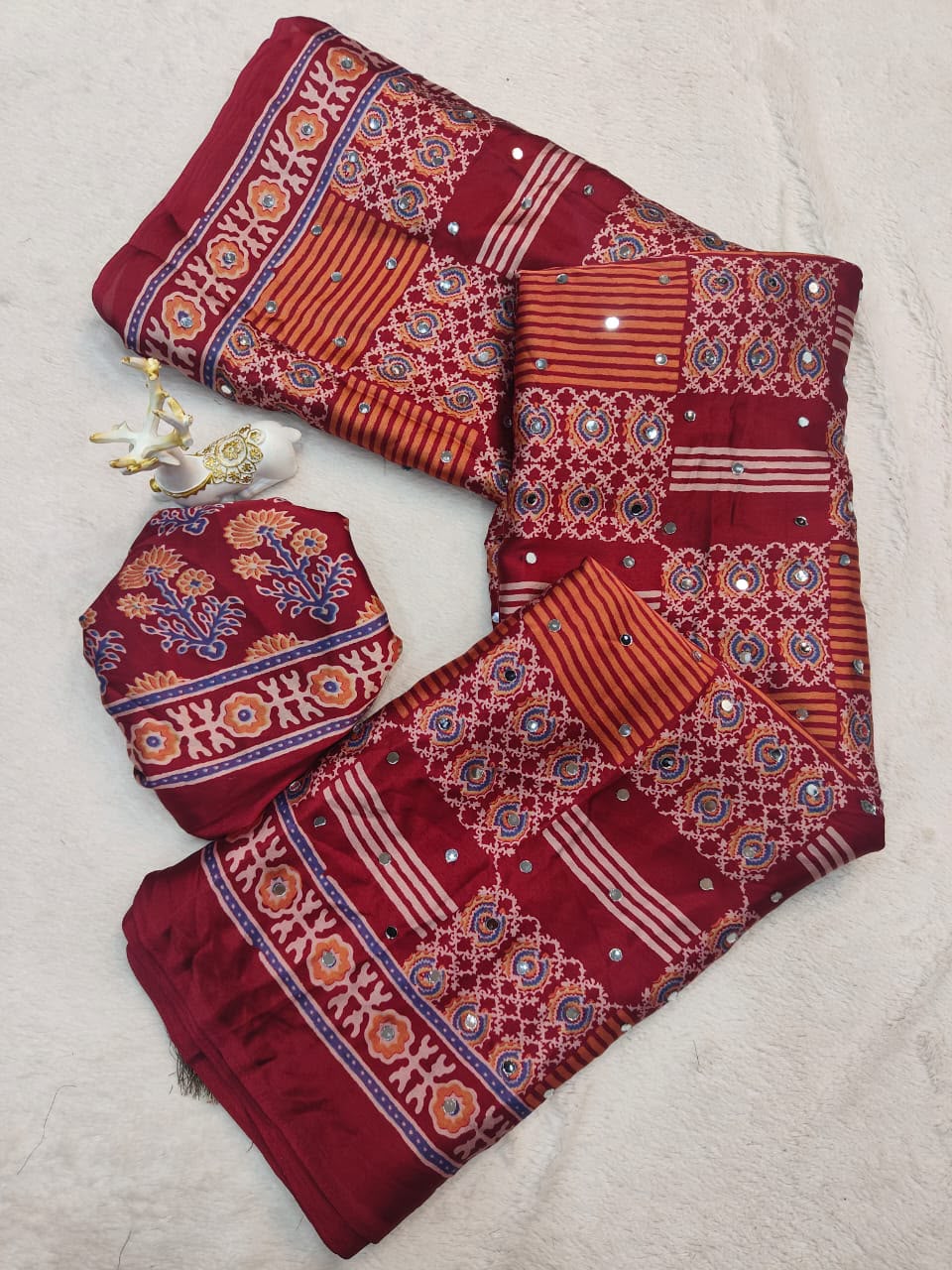Majestic Maroon Ajrakh Printed Mirror Work Satin Silk Saree With Dazzling Blouse Piece