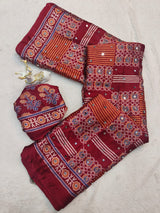 Majestic Maroon Ajrakh Printed Mirror Work Satin Silk Saree With Dazzling Blouse Piece