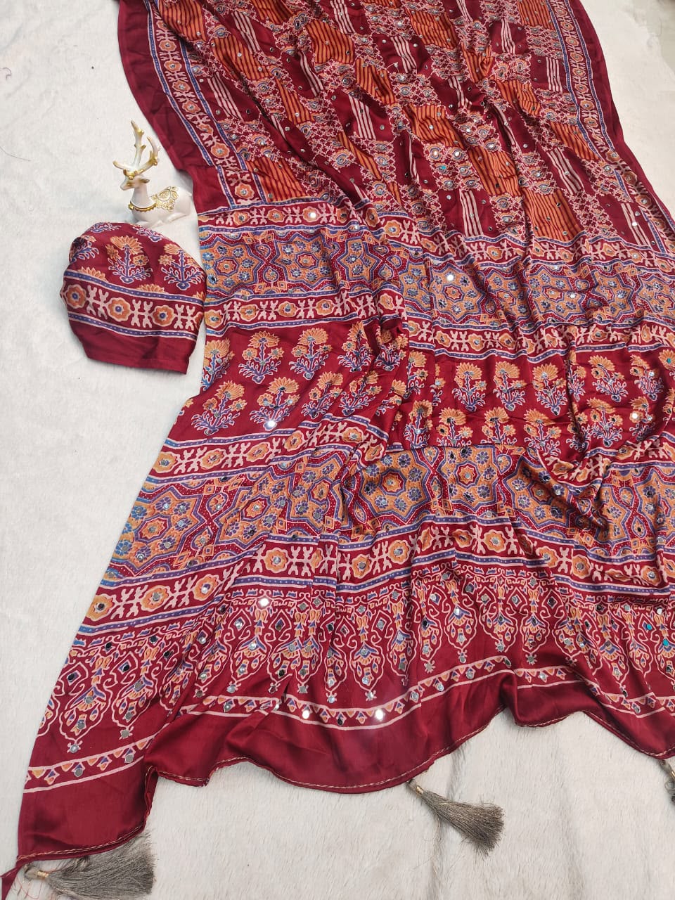 Majestic Maroon Ajrakh Printed Mirror Work Satin Silk Saree With Dazzling Blouse Piece
