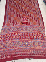 Majestic Maroon Ajrakh Printed Mirror Work Satin Silk Saree With Dazzling Blouse Piece