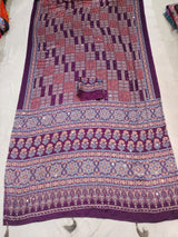 Girlish Purple Ajrakh Printed Mirror Work Satin Silk Saree With Glowing Blouse Piece