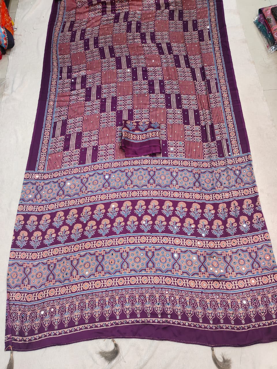 Girlish Purple Ajrakh Printed Mirror Work Satin Silk Saree With Glowing Blouse Piece