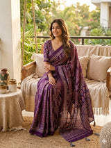 Girlish Purple Ajrakh Printed Mirror Work Satin Silk Saree With Glowing Blouse Piece