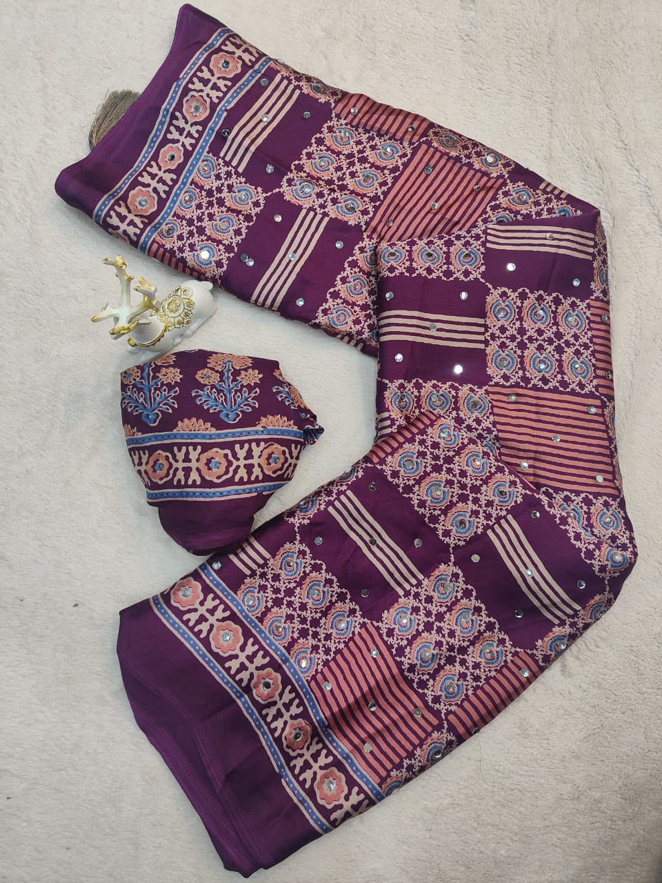Girlish Purple Ajrakh Printed Mirror Work Satin Silk Saree With Glowing Blouse Piece